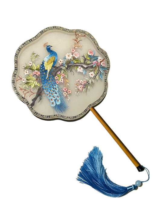 Peacocks Bless Fortune・Peony & Crabapple Suzhou Embroidery Floral Palace Fan 孔雀纳福苏绣团扇