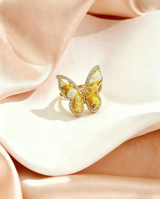 Sanma Golden Baoxiang Fortune-from-Eight-Directions Song Brocade Butterfly Ring | 三马金色宝相八方来财宋锦蝴蝶戒指