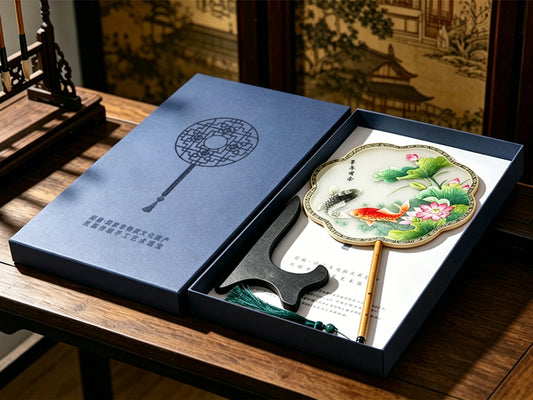 Abundant Fortune Year after Year・Lotus & Koi Suzhou Embroidery Floral Palace Fan 年年有余苏绣团扇