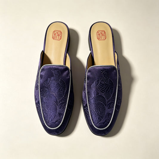 Custom Dark Purple Vintage Satin Embroidered Mule Slippers | 定制款深紫色老缎面刺绣穆勒鞋