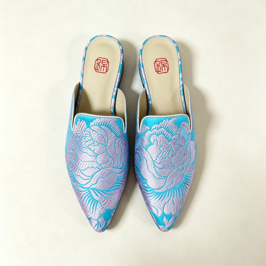 Custom Lake Blue Vintage Satin Embroidered Mules | 定制款湖水蓝老缎面刺绣穆勒鞋