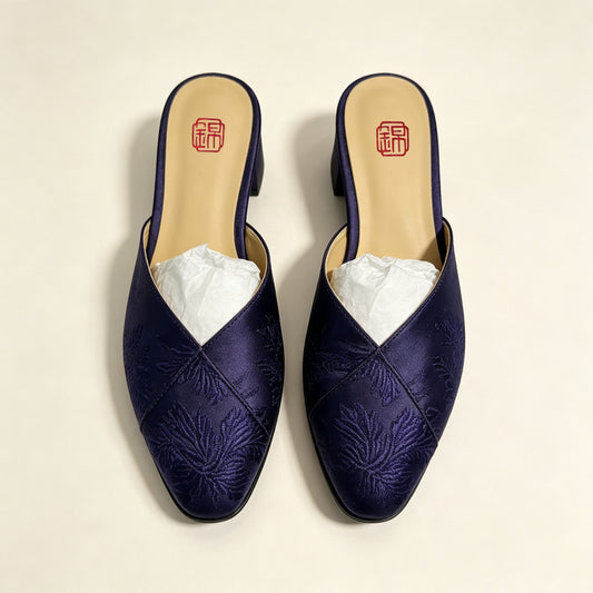 Custom Dark Purple Vintage Satin Embroidered Mule Slippers | 定制款深紫色老缎面刺绣穆勒鞋
