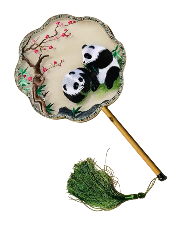 Pandas Seeking Spring Suzhou Embroidery Round Fan 熊猫探春苏绣团扇