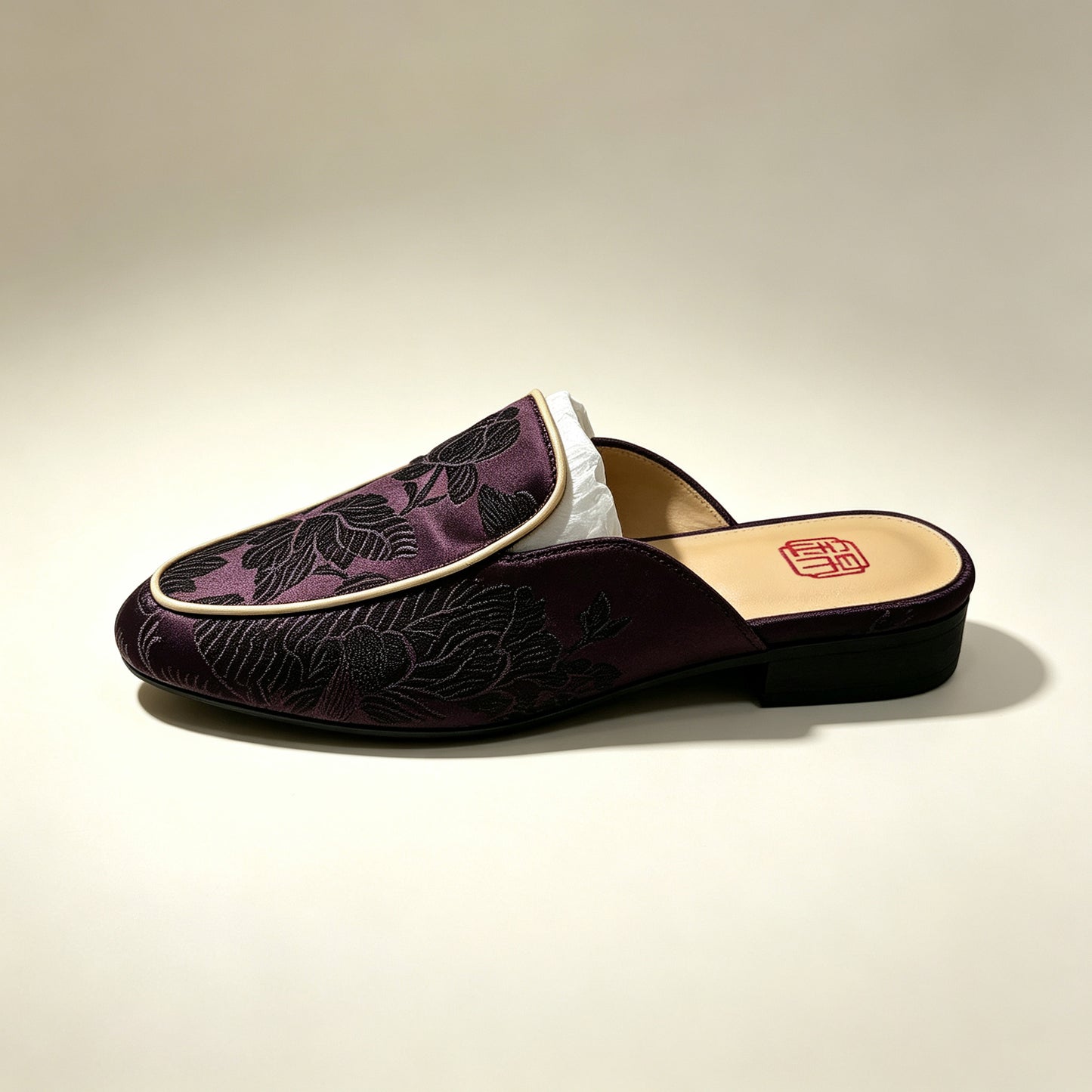 Custom Dark Brown Vintage Satin Embroidered Mule Slippers | 定制款深褐色老缎面刺绣穆勒鞋
