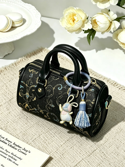 Sanma Jade Hare & Crabapple Blossom Song Brocade Bag Charm 三马玉兔海棠宋锦包挂