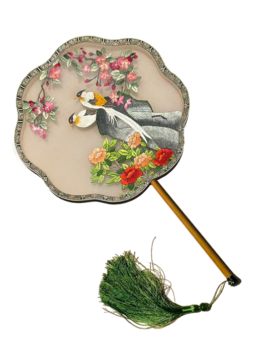Double Blessings & Prosperity Suzhou Embroidery Floral Palace Fan 富贵成双苏绣团扇