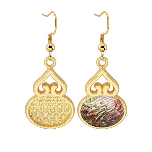 Song Brocade Earrings, Chinese Silk Hundred Flowers Chasing Dragon Pattern 中国丝绸百花撵龙纹宋锦耳环