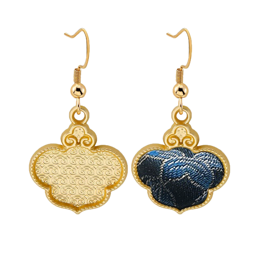 Song Brocade Earrings | Blue Immortal Herb & Treasure Flower, by Qian Xiaoping 钱小萍蓝色仙草宝相宋锦耳环