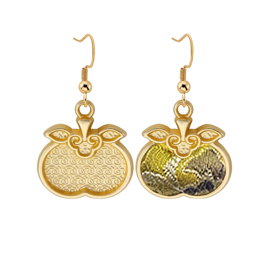 Song Brocade Earrings | Sanma, Yellow Treasure Flower Motif 三马黄色宝相宋锦耳环