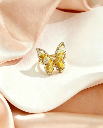 Sanma Golden Baoxiang Fortune-from-Eight-Directions Song Brocade Butterfly Ring | 三马金色宝相八方来财宋锦蝴蝶戒指