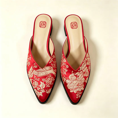 Custom Vintage Old‑Stock Brocade‑Satin Pointed‑Toe Shoes | 定制老缎复古尖头鞋