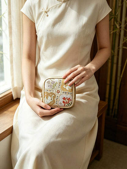 Playful Cats & Dogs Spring Scene Tang Brocade Card Holder | 猫狗闹春唐锦卡包