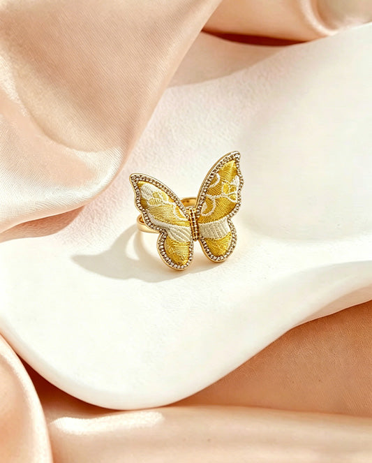 Sanma Golden Baoxiang Fortune-from-Eight-Directions Song Brocade Butterfly Ring | 三马金色宝相八方来财宋锦蝴蝶戒指