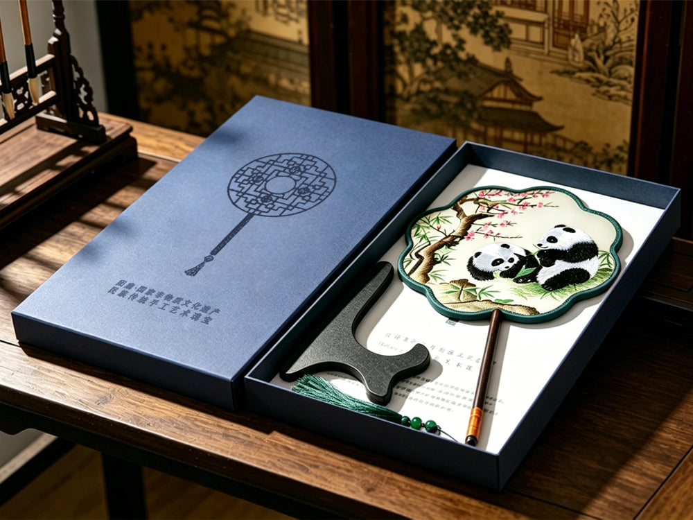 Pandas & Plum Blossoms Suzhou Embroidery Round Fan 熊猫傲梅苏绣团扇