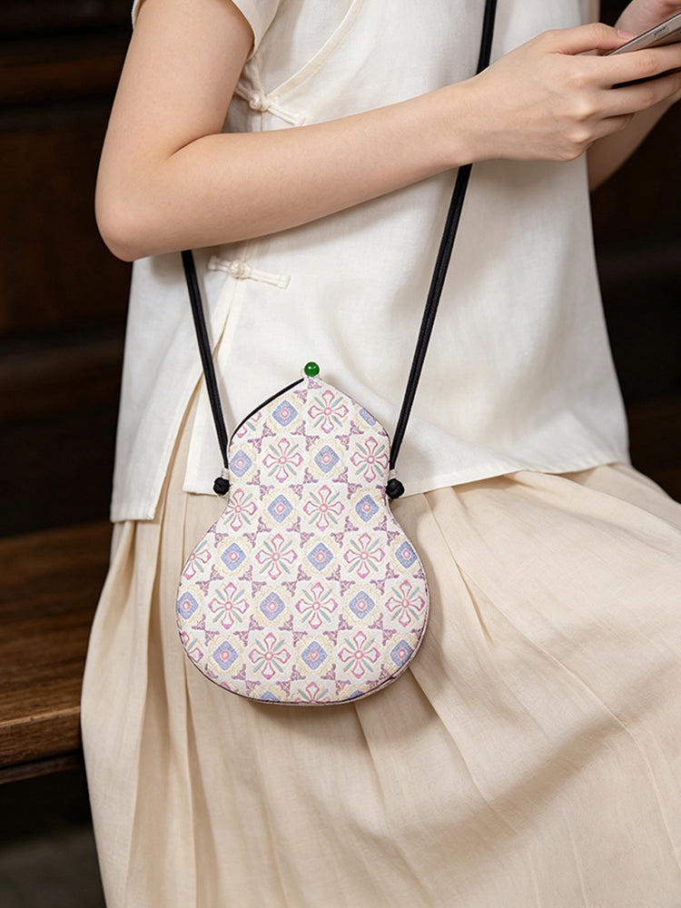 Multicolor Dragon Phoenix Lion Round Medallion Song Brocade Gourd Crossbody Bag | 五彩团龙凤狮纹宋锦葫芦斜挎包