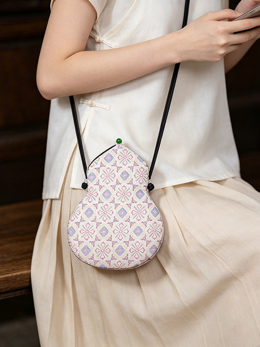Multicolor Dragon Phoenix Lion Round Medallion Song Brocade Gourd Crossbody Bag | 五彩团龙凤狮纹宋锦葫芦斜挎包