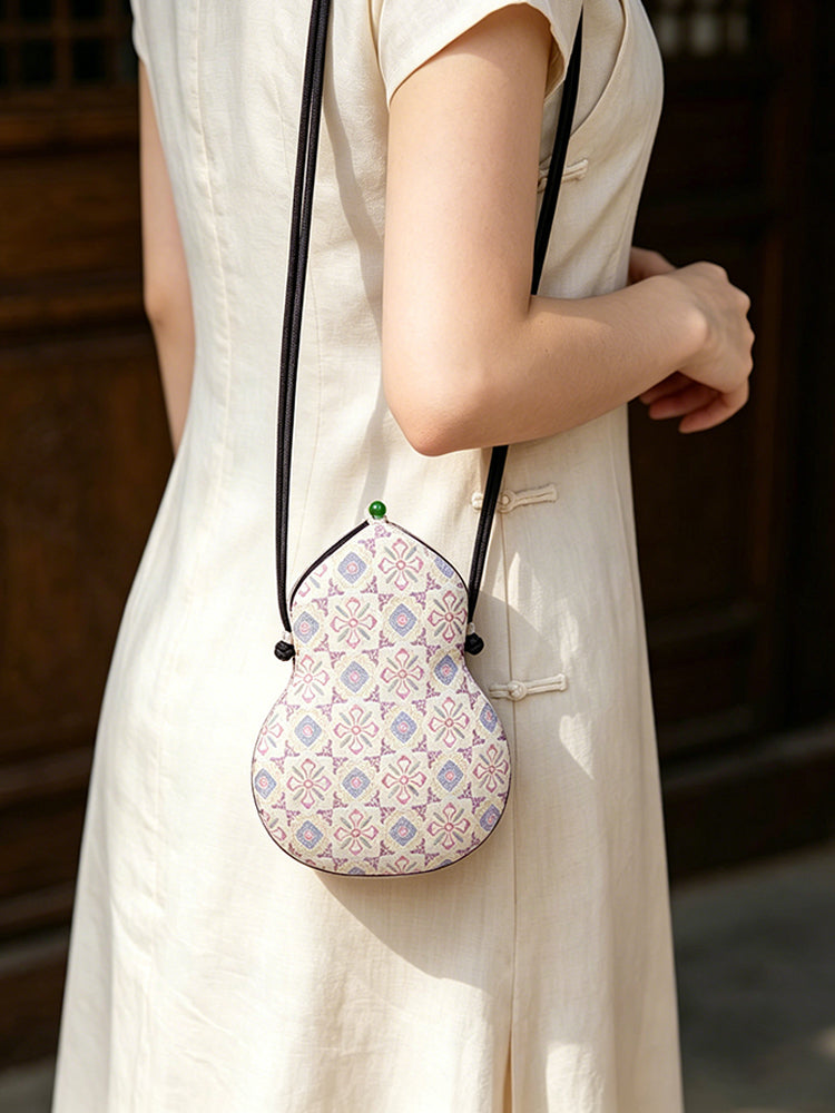 Multicolor Dragon Phoenix Lion Round Medallion Song Brocade Gourd Crossbody Bag | 五彩团龙凤狮纹宋锦葫芦斜挎包