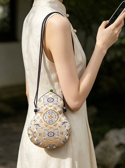Crane & Deer Spring Song Brocade Gourd Crossbody Bag | 鹤鹿同春宋锦葫芦斜挎包