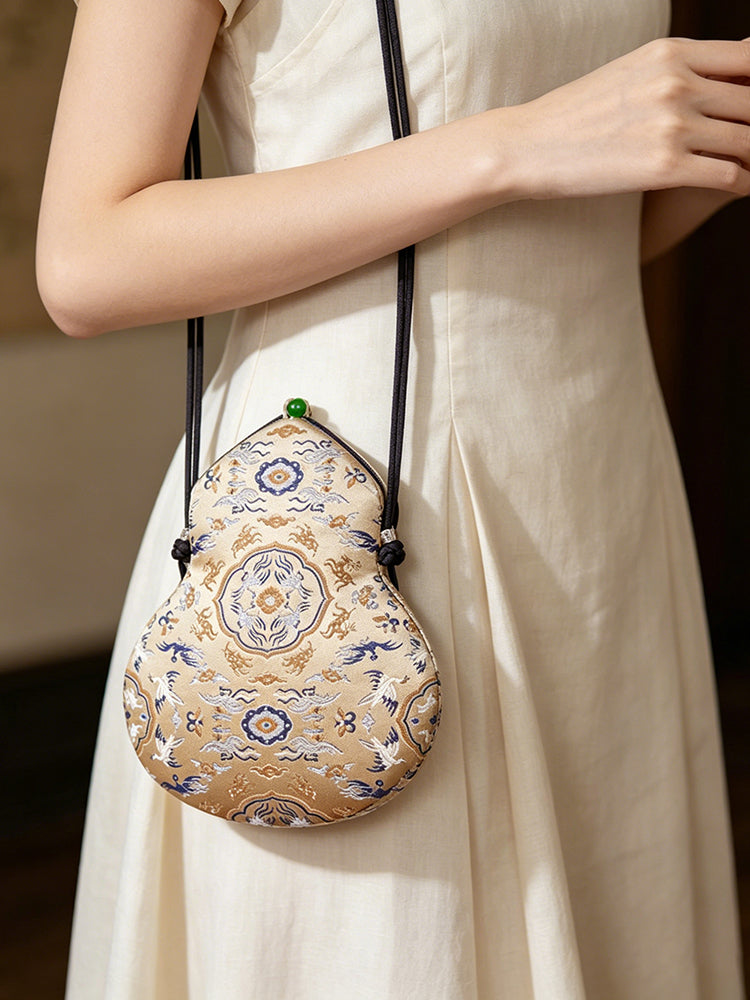Crane & Deer Spring Song Brocade Gourd Crossbody Bag | 鹤鹿同春宋锦葫芦斜挎包