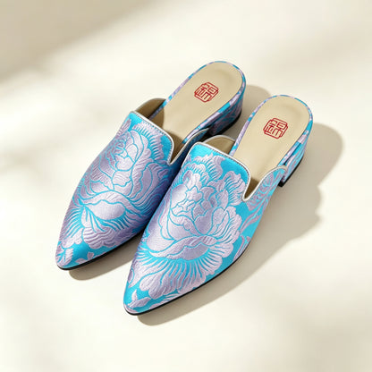Custom Lake Blue Vintage Satin Embroidered Mules | 定制款湖水蓝老缎面刺绣穆勒鞋