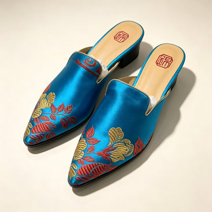 Custom Two-Tone Blue Vintage Satin Embroidered Mule Slippers | 定制款蓝色双彩老缎面刺绣穆勒鞋
