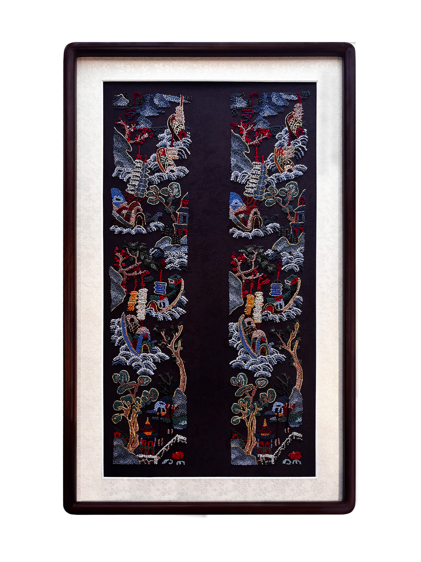 Landscape with Pavilions Seed Stitch Suzhou Embroidery Hanging Scroll 山水亭台打籽绣苏绣挂画