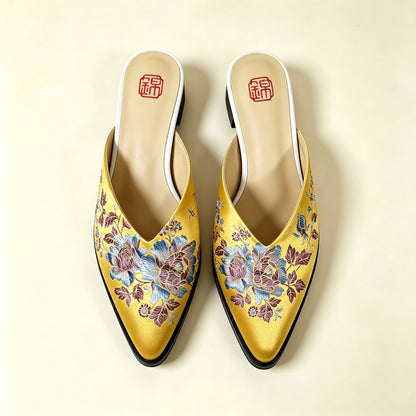Custom Vintage Old‑Stock Brocade‑Satin Pointed‑Toe Shoes | 定制老缎复古尖头鞋