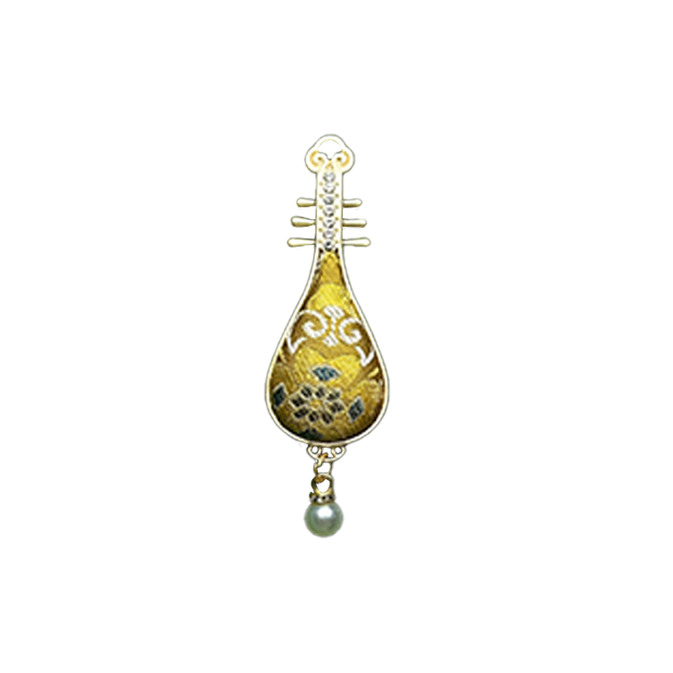 Golden Treasure Flower & All-Round Fortune Song Brocade Brooch · Sanma 三马金色宝相八方来财宋锦胸针