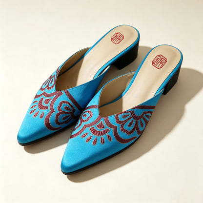 Custom Blue-Burgundy Vintage Satin Embroidered Mule Slippers | 定制款蓝棕红色老缎面刺绣穆勒鞋