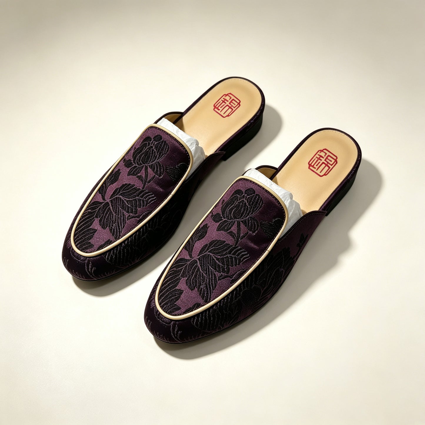 Custom Dark Brown Vintage Satin Embroidered Mule Slippers | 定制款深褐色老缎面刺绣穆勒鞋