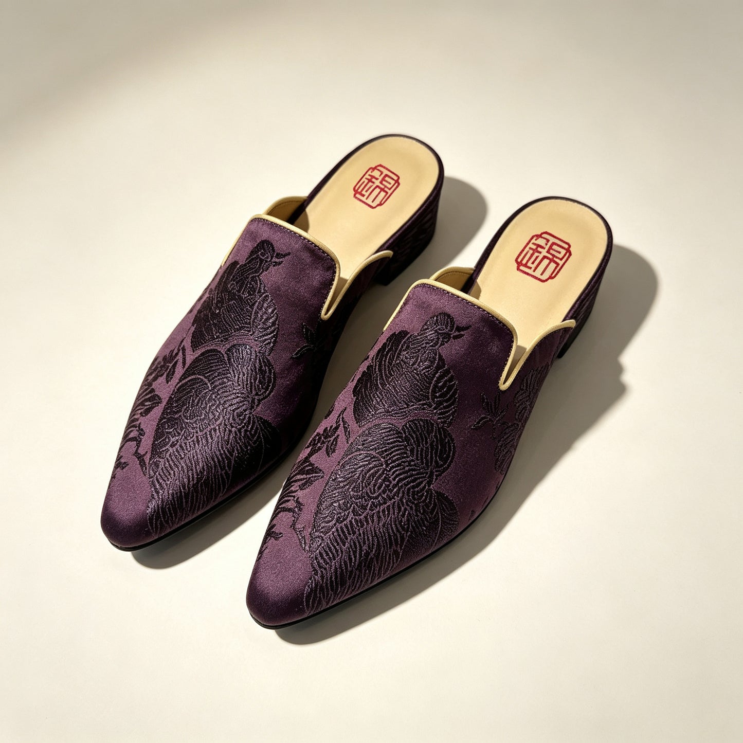 Custom Dark Brown Vintage Satin Embroidered Mule Slippers | 定制款深褐色老缎面刺绣穆勒鞋