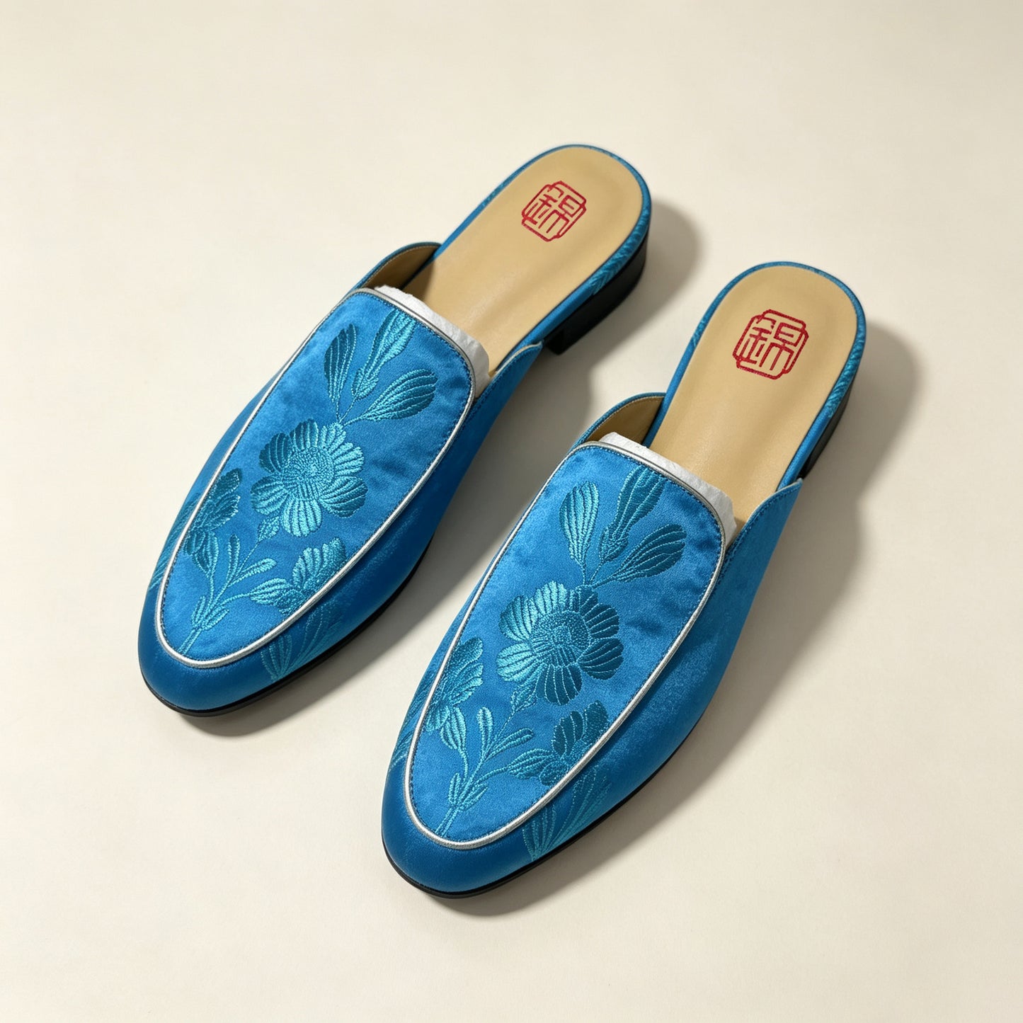 Custom Blue Vintage Satin Embroidered Mule Slippers | 定制款蓝色老缎面刺绣穆勒鞋