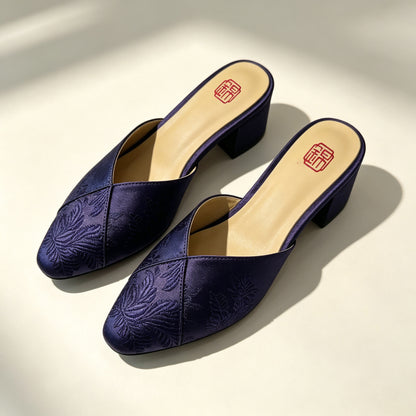 Custom Dark Purple Vintage Satin Embroidered Mule Slippers | 定制款深紫色老缎面刺绣穆勒鞋