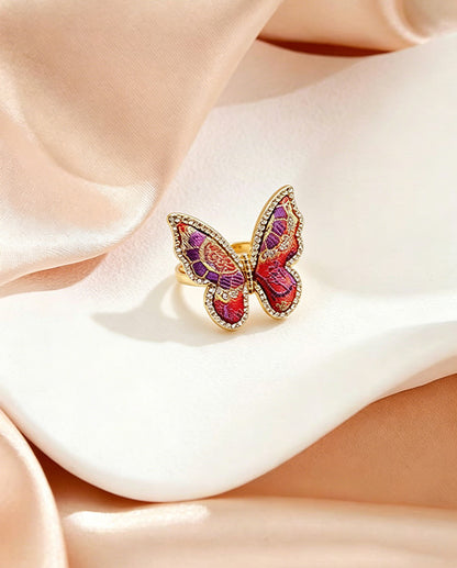Lu Meiying Red Kui-Dragon Badayun Song Brocade Butterfly Ring | 陆美英红色夔龙八达晕宋锦蝴蝶戒指