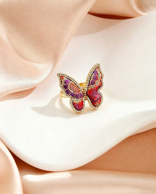 Lu Meiying Red Kui-Dragon Badayun Song Brocade Butterfly Ring | 陆美英红色夔龙八达晕宋锦蝴蝶戒指
