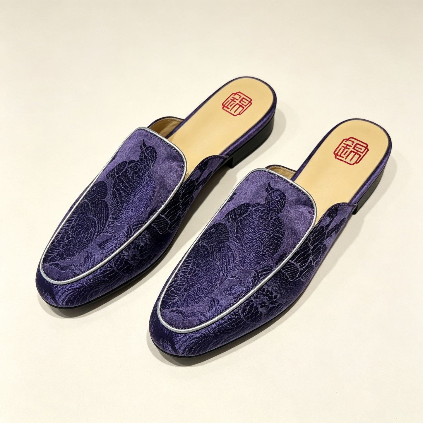 Custom Dark Purple Vintage Satin Embroidered Mule Slippers | 定制款深紫色老缎面刺绣穆勒鞋