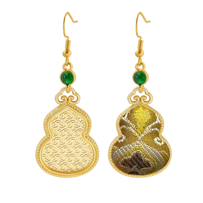 Sanma Golden Wealth from Eight Directions Song Brocade Large Gourd Earrings 三马金色八方来财宋锦大葫芦耳环
