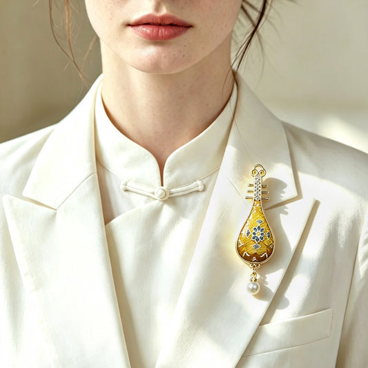 Golden Treasure Flower & All-Round Fortune Song Brocade Brooch · Sanma 三马金色宝相八方来财宋锦胸针