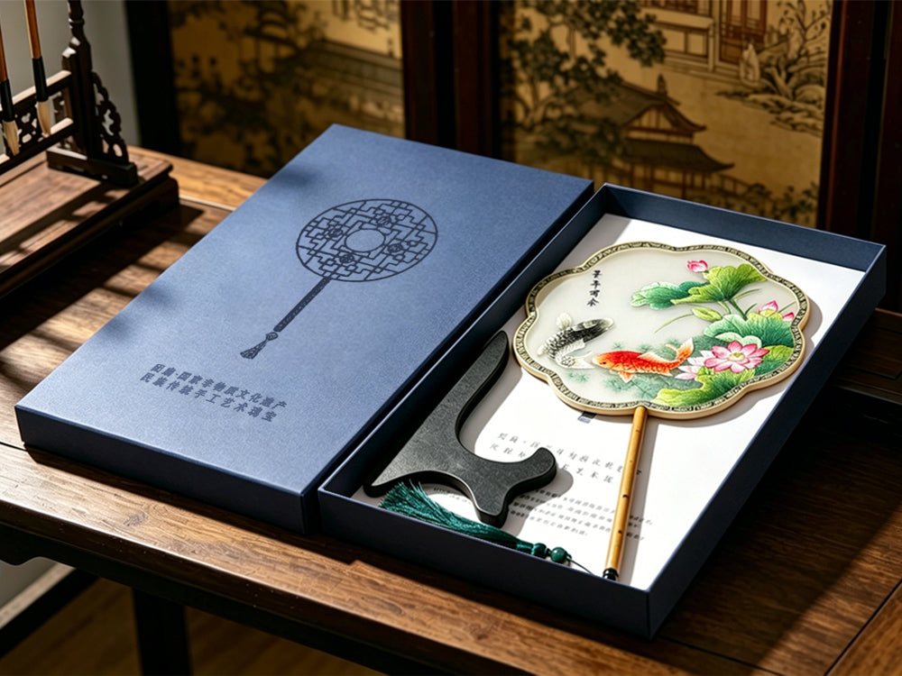 Abundant Fortune Year after Year・Lotus & Koi Suzhou Embroidery Floral Palace Fan 年年有余苏绣团扇