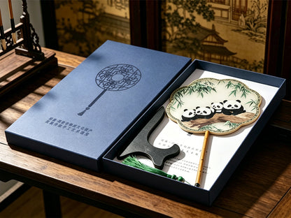 Four Joyful Pandas & Green Bamboo Suzhou Embroidery Floral Palace Fan 四宝聚欢苏绣团扇