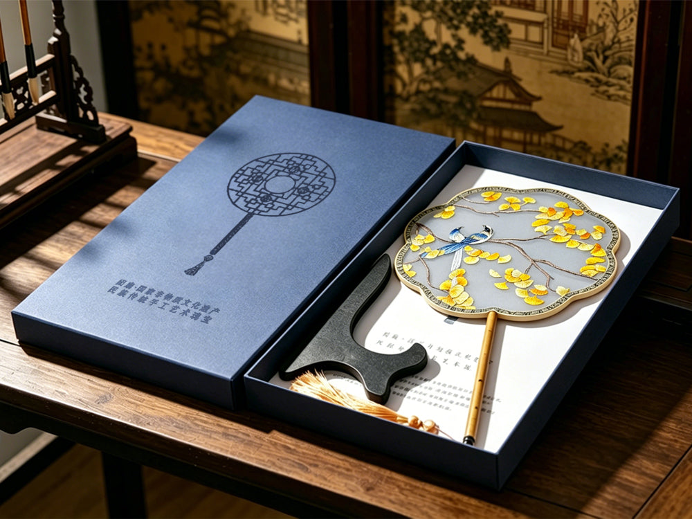 Golden Ginkgo Blessing Magpies Suzhou Embroidery Floral Palace Fan 金叶报喜苏绣团扇