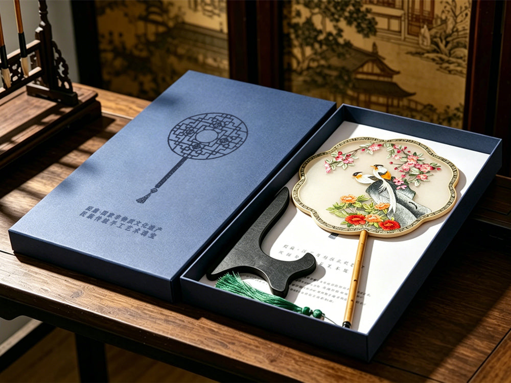 Double Blessings & Prosperity Suzhou Embroidery Floral Palace Fan 富贵成双苏绣团扇