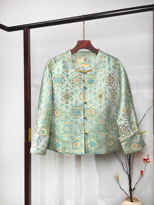Song Brocade Coat・Green Background Colorful Scale & Treasure Flower Motif 绿地彩鳞宝相花纹宋锦外套