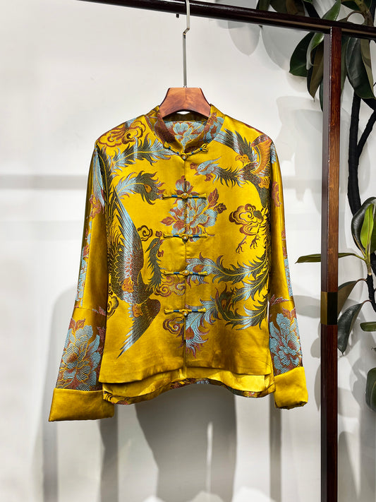 Antique Satin・Phoenix Through Peony, Tri-Color Vintage Embroidery 凤穿牡丹三彩老绣老缎