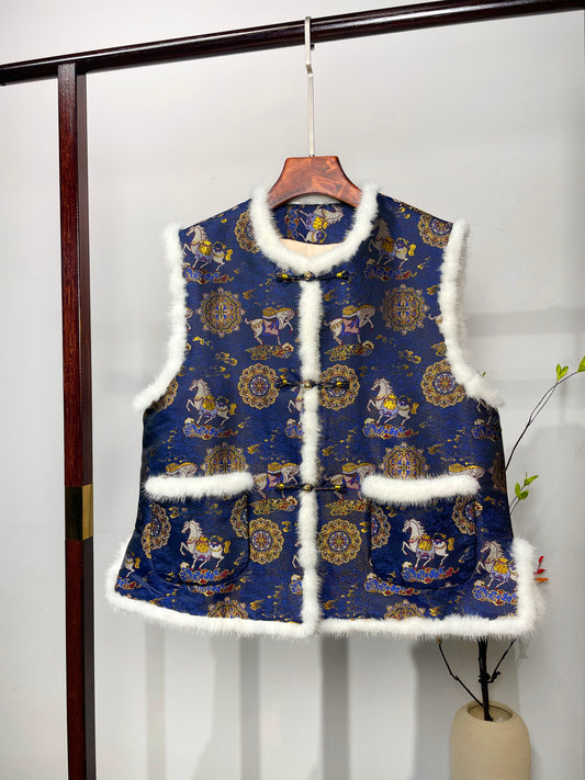 Gilded Song Brocade Thick Waistcoat | Money-bearing Horse 马上有钱织金宋锦厚马甲