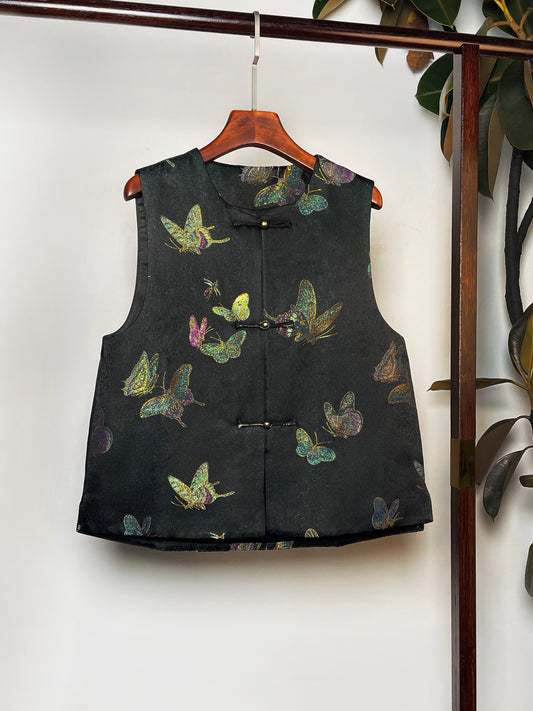 Song Brocade Waistcoat・Black Butterflies in Spring Motif 黑色晴春蝶戏宋锦马甲