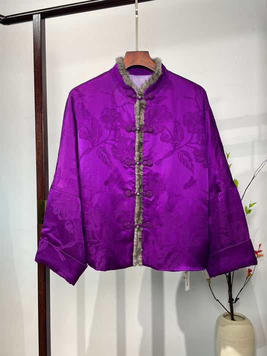 Heavy Satin & Gambiered Guangdong Gauze Cotton-Padded Coat・Iris Motif & Mink Fur 鸢尾凝重缎香云纱水貂毛夹棉外套