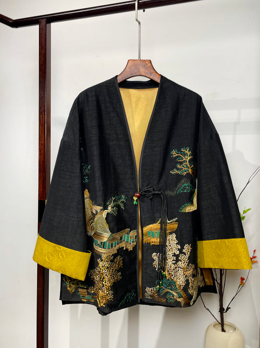 Xiangyunsha Coat・Green Pine & Pavilion Heavy Embroidery 青松楼阁重工刺绣香云纱外套