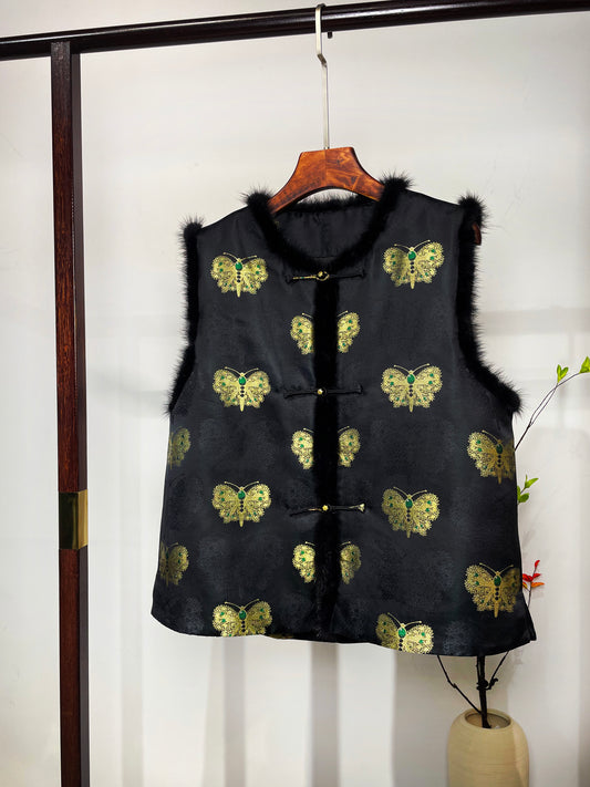 Song Brocade Waistcoat・Black-Gold Green-Eyed Butterfly 黑金绿眼蝴蝶宋锦马甲