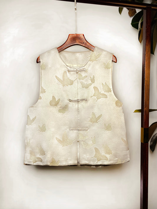Song Brocade Waistcoat・White Butterflies in Spring Motif 白色晴春蝶戏宋锦马甲